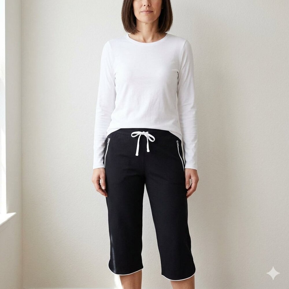 Chico's Weekends Womens Black White Piping Active Wear Draw String Pants 16 EUC